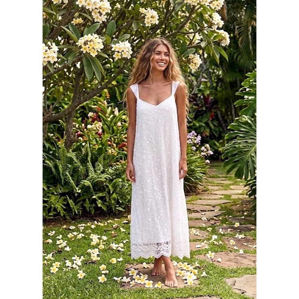 Coven & Co White Floral Lace Slip Dress XS Boho Bridal Mesh Strappy Overlay Midi